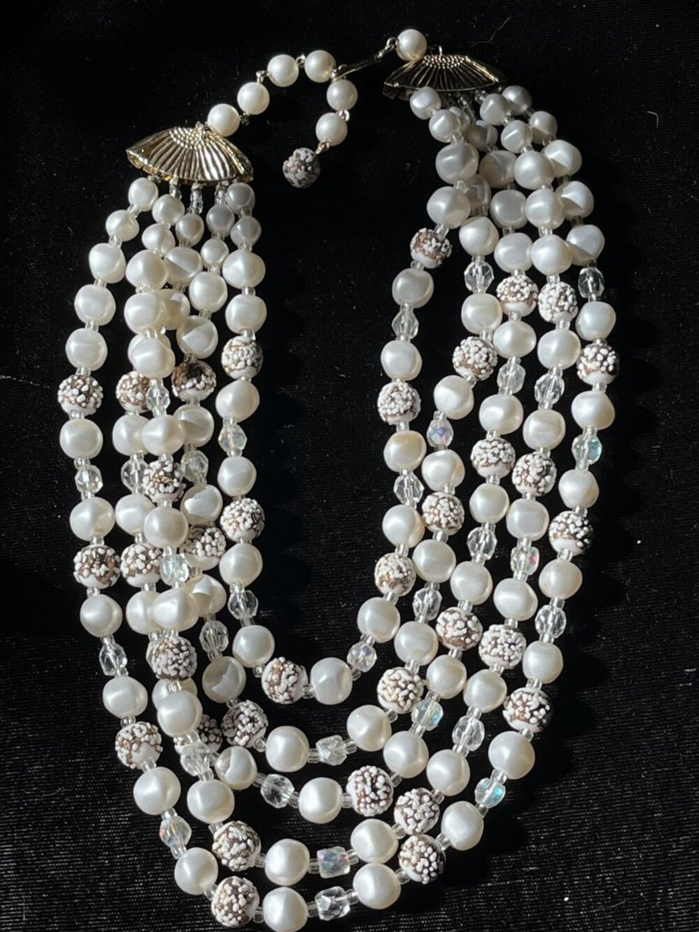 Vintage 80s 90s Japan 5 Strand Faux Pearl Crystal Sugar Bead Collar Necklace 15”